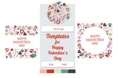 Templates with hand drawn color elements of symbols of love.
