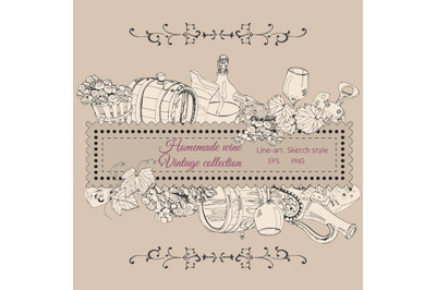 Vintage clipart of items of wine product. Hand drawn sketch.