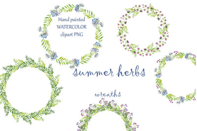 5 watercolor Easter wreaths with summer flowers and herbs