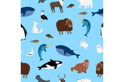 Arctic animals pattern. Winter ocean and snow animal characters seamle