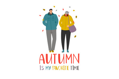 Autumn couple. Young people in falling leaves vector illustration, lov