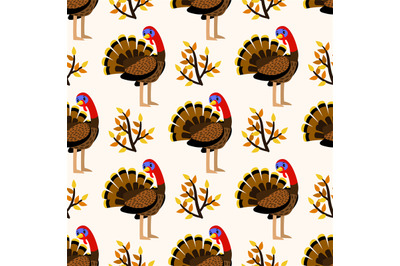 Autumn cute seamless pattern with turkey birds