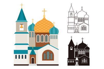 Christian churches flat and linear icons set