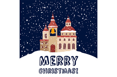 Christmas card with christian church and snowfall