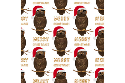 Christmas owl with Santa hat seamless pattern