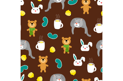 Cozy autumn seamless pattern with bears and cats