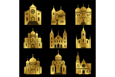 Gold christian church icons on black background