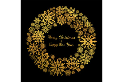 Gold snowflake Christmas wreath isolated on black