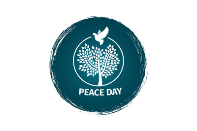 Grunge peace day logo with dove and tree