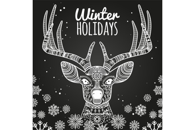 Deer and snowflakes winter holiday card template