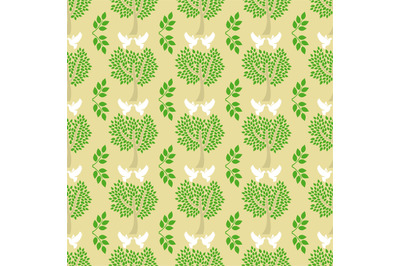 Green trees and flying doves seamless pattern