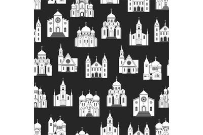 White church seamless pattern on black backdrop