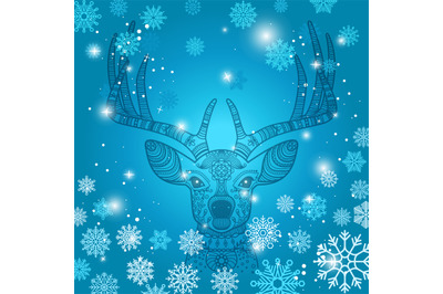 Deer and snowflakes doodle background