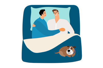 Two men and dog in bed