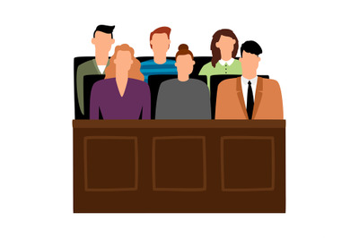 Jury trial. Jurors court in courtroom, prosecution people vector illus