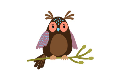 Vector Owl. Cartoon cute owl on tree branch illustration isolated on w