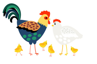 Rooster family. Hen mother, cock father and chickens cartoon vector ha