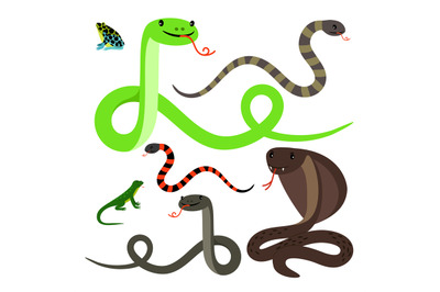 Snakes and lizard cartoon icons set