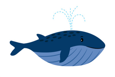 Cartoon Whale. Vector illustration of swimming whale with water founta