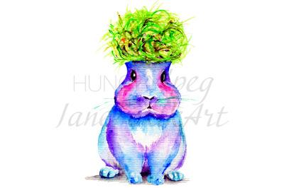 Funny bunny character: watercolor painting isolated in PNG and JPG