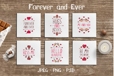 6 hand drawn Valentines&#039;s badges with text