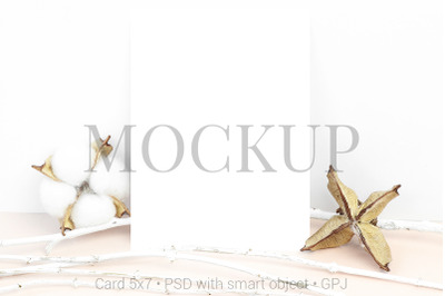 Mockup card with white branches and cotton flowers