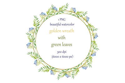 golden wreath with green leaves clipart watercolor