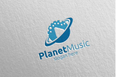 Music Logo with Planet  and Play Concept 75