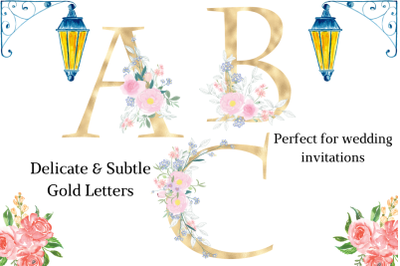 Gold foil alphabet with flowers, Floral alphabet clipart