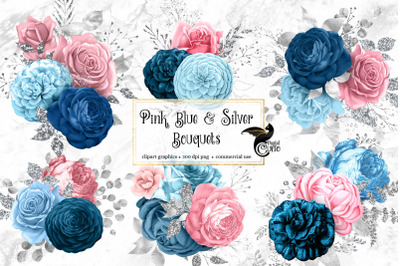 Pink Blue and Silver Floral Bouquets Clipart