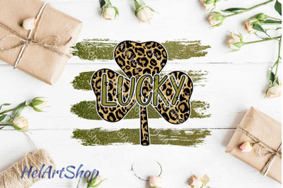 Lucky png, Leopard Print Shamrock png, St Patrick&#039;s Day sublimation