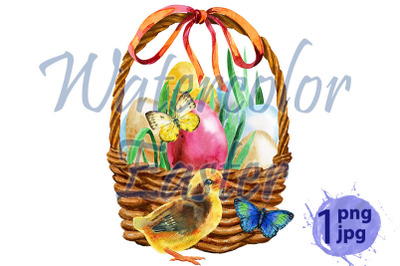Watercolor illustration Easter basket with eggs