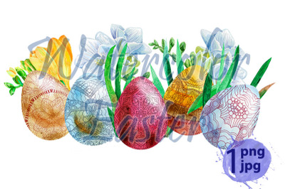 Watercolor Easter colored eggs with freesia and grass