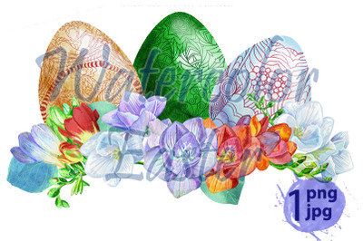 Watercolor Easter colored eggs with freesia and grass