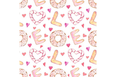Love seamless pattern with letters, hearts, donuts, candy