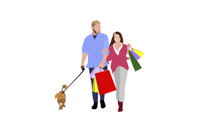 People man and woman do shopping. Couple with purchases and dog