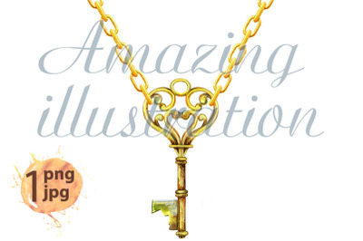 Watercolor vintage golden key