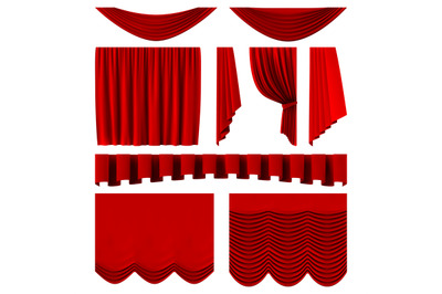 Red stage curtains. Realistic theater stage decoration, dramatic red l