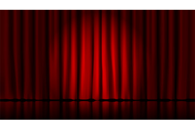 Stage curtains light by searchlight. Realistic theater red dramatic cu