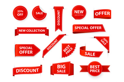 Label tags. Realistic price ribbon tag, red market flags, retail and m