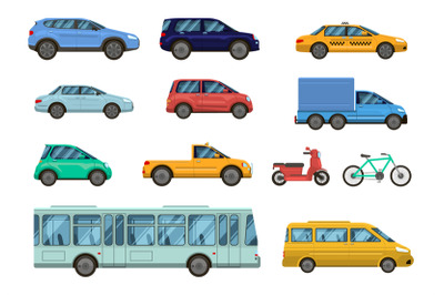 Transportation vehicle. Public cars&2C; taxi&2C; city bus and motorcycle. Ro