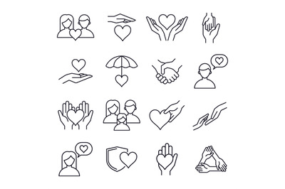 Love and kindness heart line icons. Friends, family, relationships and