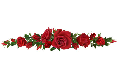 Realistic red roses border. Flower blossom elements, beautiful leaves