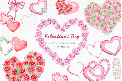 Watercolor Hearts of Roses clipart, Valentines Day