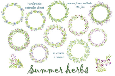 watercolor set wreaths and bouquets with summer flowers