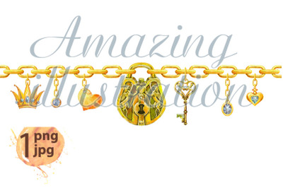Watercolor vintage padlock and key on a chain