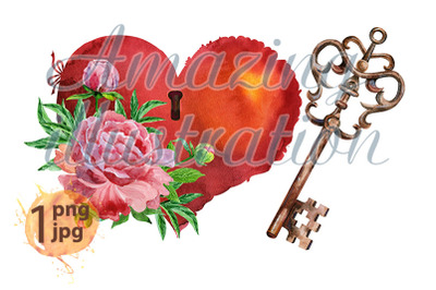Watercolor vintage Heart, key and peonies