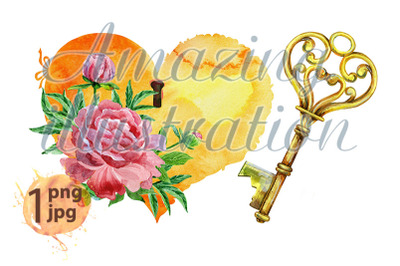 Watercolor vintage Heart, key and peonies