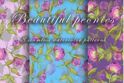 seamless pattern of delicate purple peonies watercolor