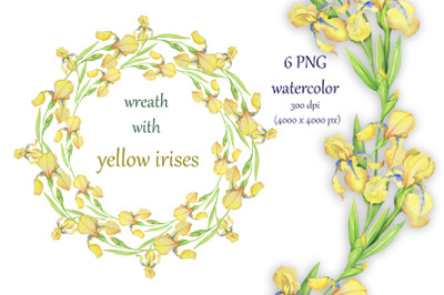 wreaths with flowers yellow irises, watercolor set
